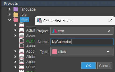 Alias creation dialog