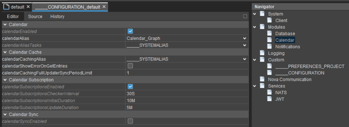 Calendar instance configuration