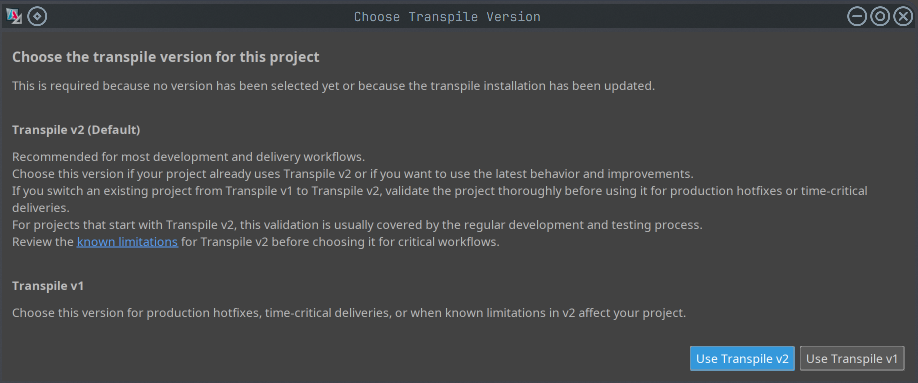 Dialog for selecting the transpile version