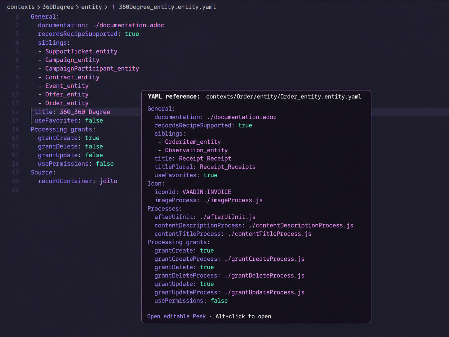 ADITO Code Preview hover showing a resolved YAML reference