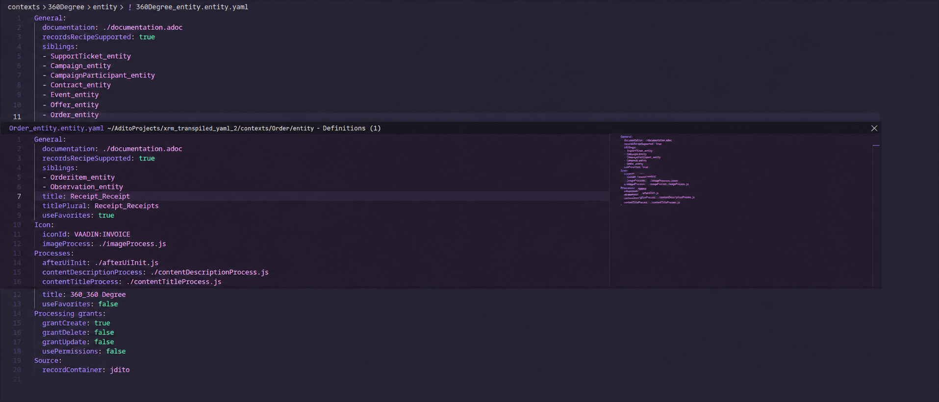 ADITO Code Preview showing an opened YAML definition in Peek