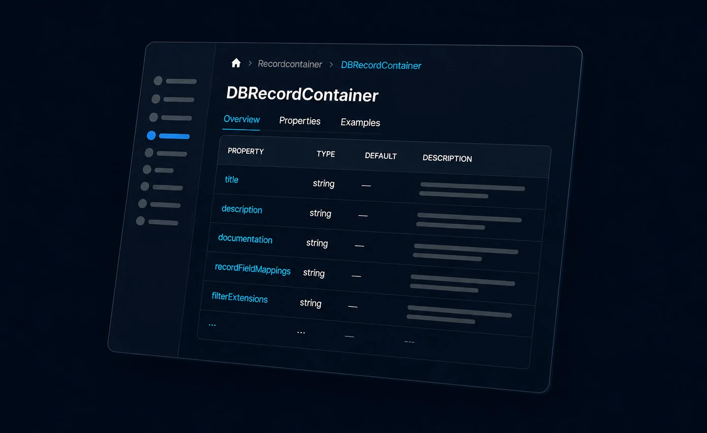 Screenshot-style preview of the Data Model API reference with property details and navigation