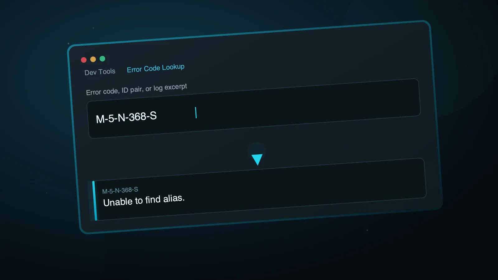 Stylized preview of the Error Code Lookup tool resolving the code M-5-N-368-S to the message "Unable to find alias."