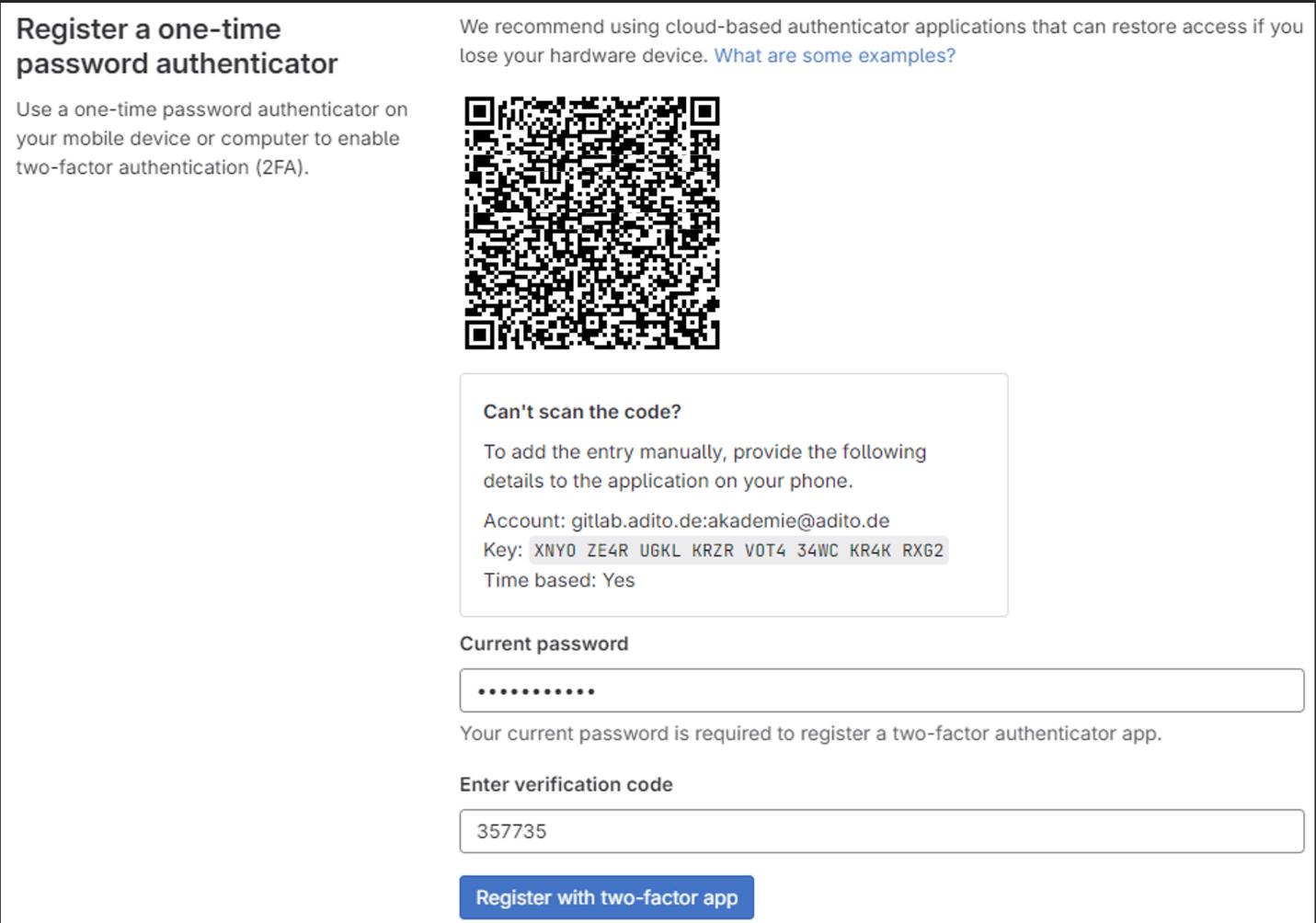 Register with 2FA app