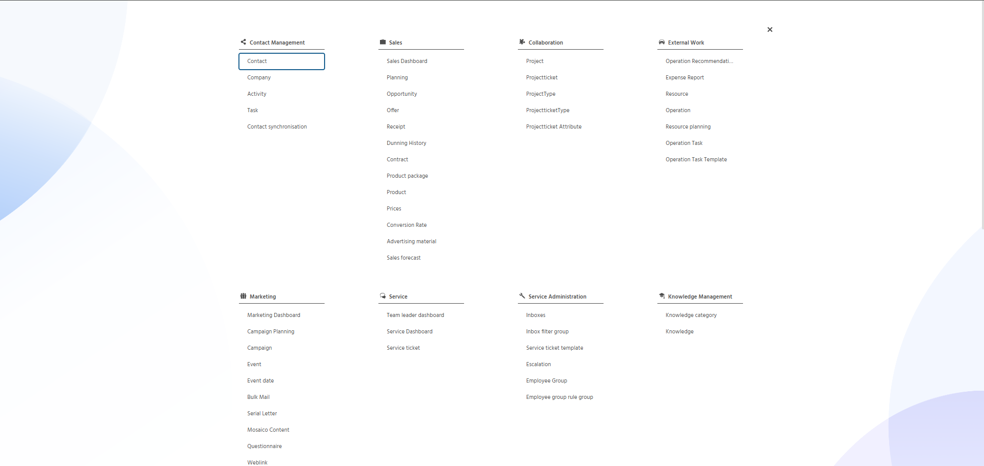 Screenshot of new menu