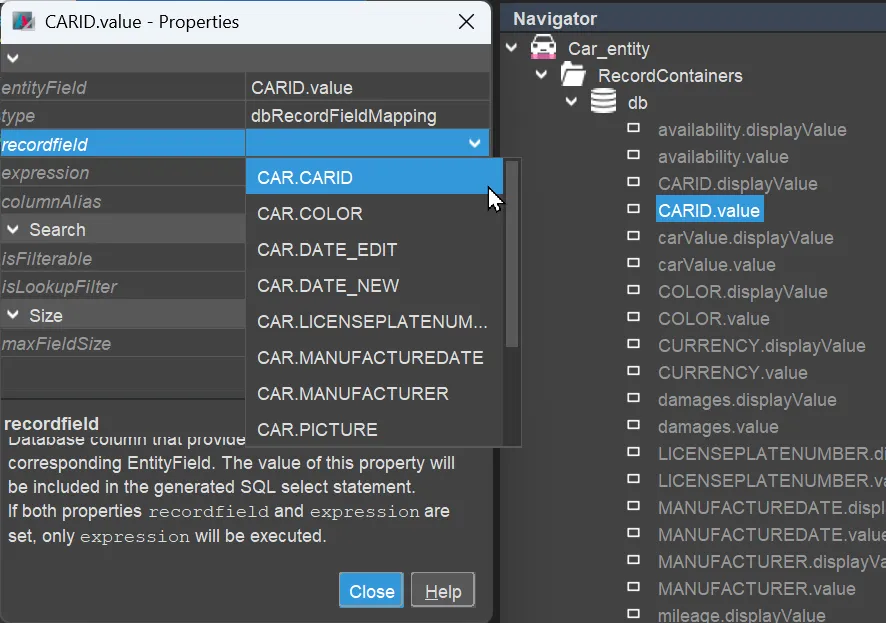 RecordField mapping for Car ID