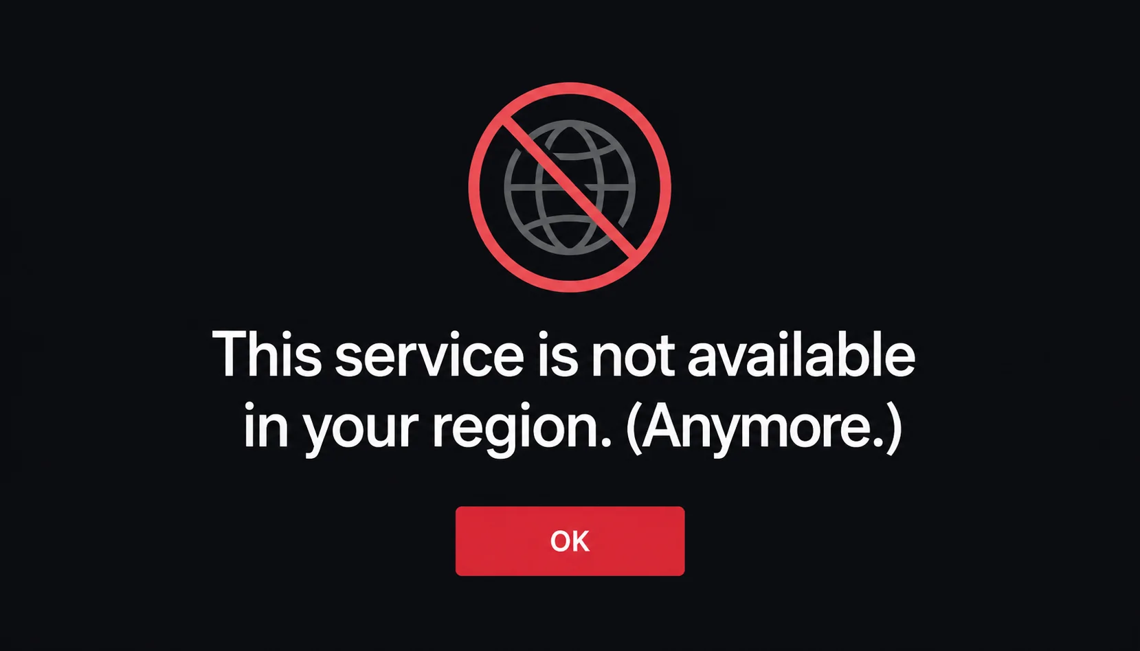 Service unavailable message used as a visual for regional service restrictions and digital sovereignty