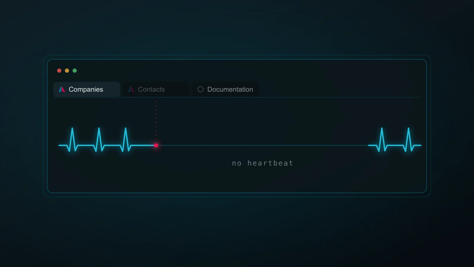 Browser window with a faded application tab and a heartbeat line that goes flat underneath it.